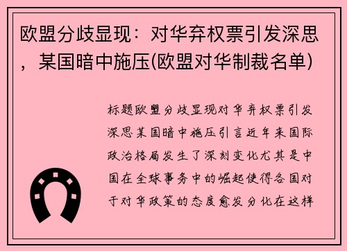 欧盟分歧显现：对华弃权票引发深思，某国暗中施压(欧盟对华制裁名单)