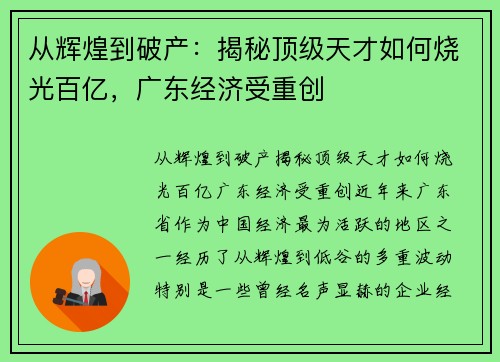 从辉煌到破产：揭秘顶级天才如何烧光百亿，广东经济受重创