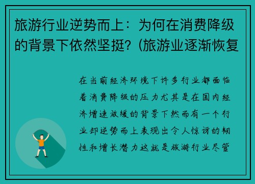 旅游行业逆势而上：为何在消费降级的背景下依然坚挺？(旅游业逐渐恢复)